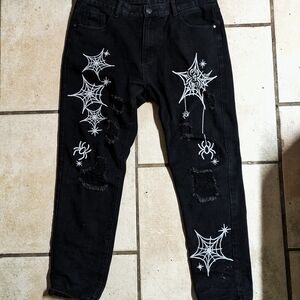 Men's Black Relaxed Fit Denim Spider Web Print Jeans 36 Waist